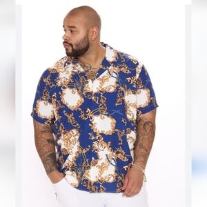 Fashion Nova Progressive Woven Top Blue and Gold Baroque Print Shirt
